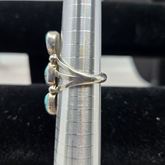 Vintage Native American Benson Boyd Sterling Silver Triple Turquoise Ring Sz 8 - Picture 2 of 8